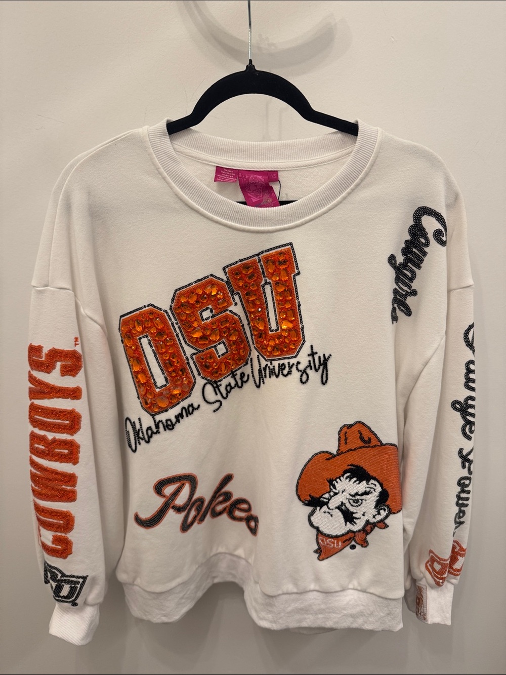 QUEEN OF SPARKLES White and Orange OSU Embellished Crewneck Sweatshirt